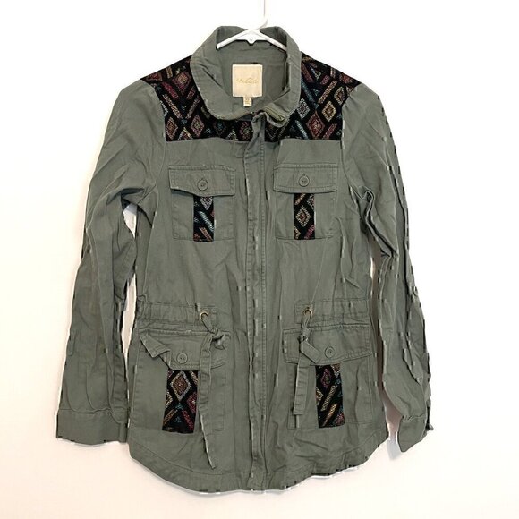 MODCLOTH Keep a Woven Mind Jacket Olive Army Green Multi Aztec Boho Embroidered - Picture 2 of 15